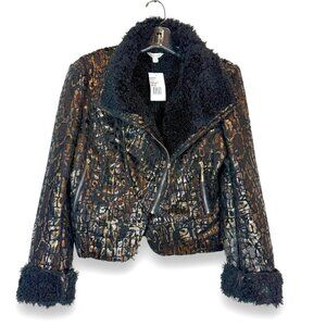 Harlow Zee Y2K Rocker Jacket Faux Croc Pattern Black Gold Sherpa Lined Large